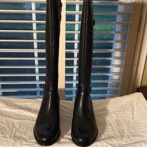 Tall Black Leather Boot 1/2” Heel Zip on Buckle accents
